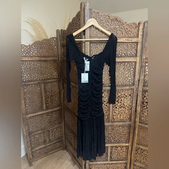 NWT NEW GANNI Ruched Stretch-Cloqué Halterneck Midi Dress US 2 / EU 34 - Picture 3 of 5